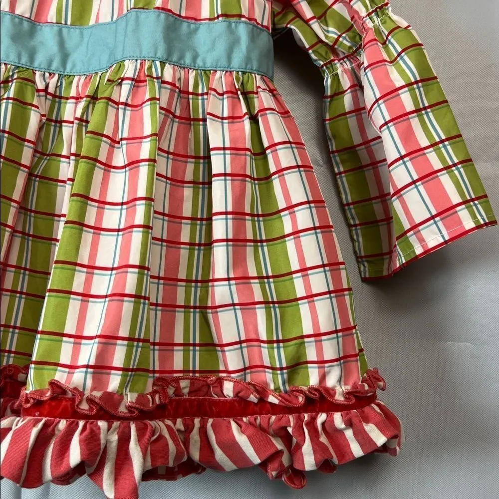 Matilda Jane Secret Fields green and pink plaid peasant top teal sash size 4